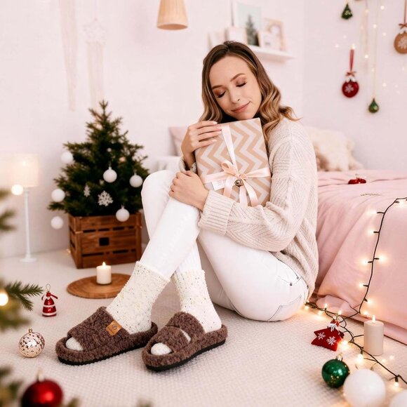 ⚡Women's Elegant Mocha Fuzzy Open Toe Slipper Soft Comfy Memory Foam House Shoes - Picture 2 of 9